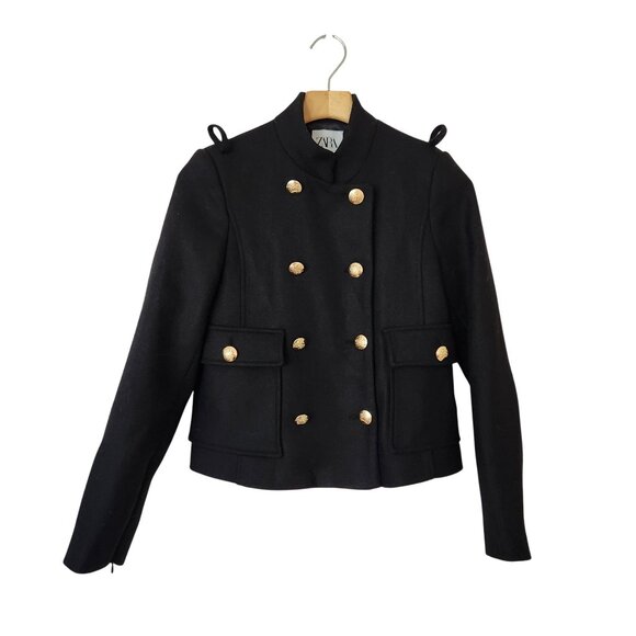 Zara Black Wool Military Jacket Gold Buttons Fall Winter Old Money Glam Preppy - Picture 1 of 13